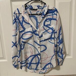 Zara Blue Button Down Shirt with 3/4 Sleeves and Notched Collar
